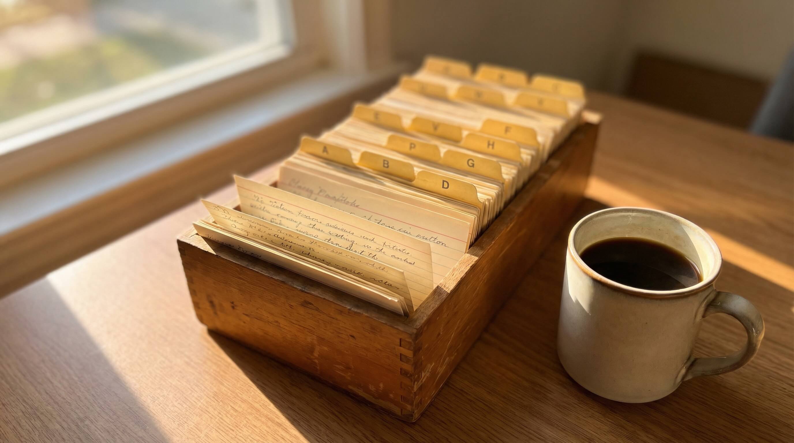 Ein hölzerner Rezeptkasten mit vergilbten, nach dem Alphabet geordneten Karteikarten steht auf einem Holztisch neben einer Keramiktasse mit schwarzem Kaffee, in den das Sonnenlicht fällt - wie strukturierte Daten, die Ordnung in B2B-Websites bringen.