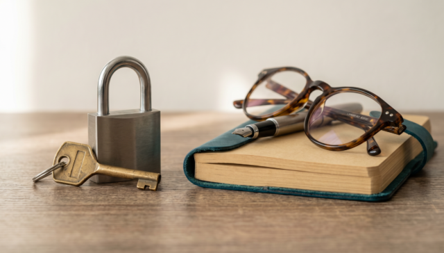 Brushed-Steel-Vorhängeschloss mit goldenem Schlüssel neben Notizbuch und Brille auf Holzschreibtisch, editorial-fotografisch