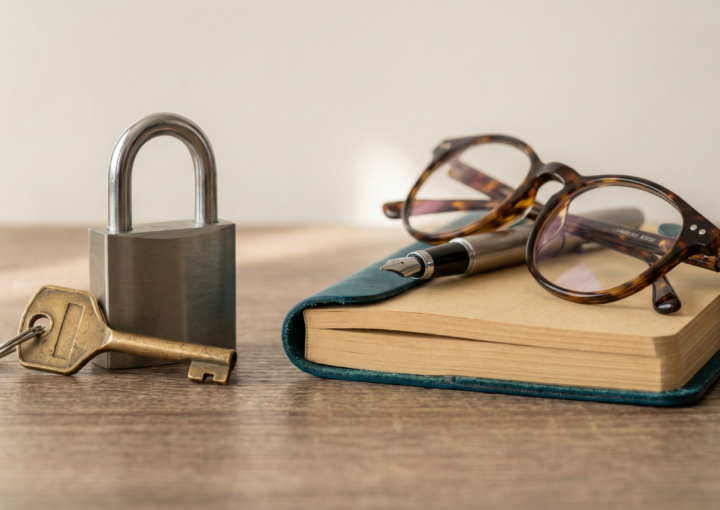 Brushed-Steel-Vorhängeschloss mit goldenem Schlüssel neben Notizbuch und Brille auf Holzschreibtisch, editorial-fotografisch