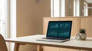 Laptop mit Performance-Dashboard, Stoppuhr und Pflanze auf hellem Schreibtisch