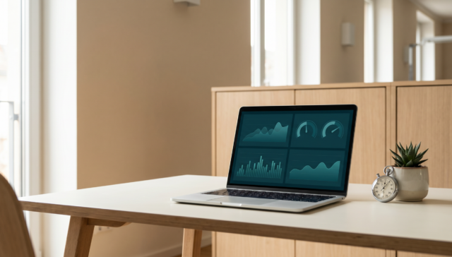 Laptop mit Performance-Dashboard, Stoppuhr und Pflanze auf hellem Schreibtisch