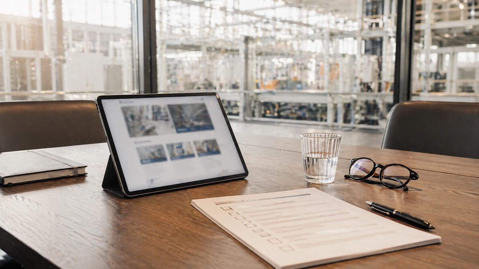Ein Tablet, ein Glas Wasser, eine Brille, ein Stift, ein Notizbuch und ein Dokument liegen auf einem hölzernen Konferenztisch in einem modernen Büro mit großen Fenstern - eine ideale Umgebung, um über BFSG-Pflicht und Barrierefreiheit Website für KMU zu diskutieren.
