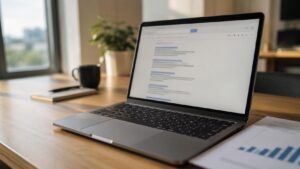 Laptop auf Holztisch zeigt eine Google-Suchergebnisseite mit organischen Treffern und Anzeigen zum Vergleich von SEO und Google Ads im B2B. Daneben Notebook und Diagramm mit Klickkosten- und Sichtbarkeitsverläufen. Sonnenlicht fällt durch das Fenster.