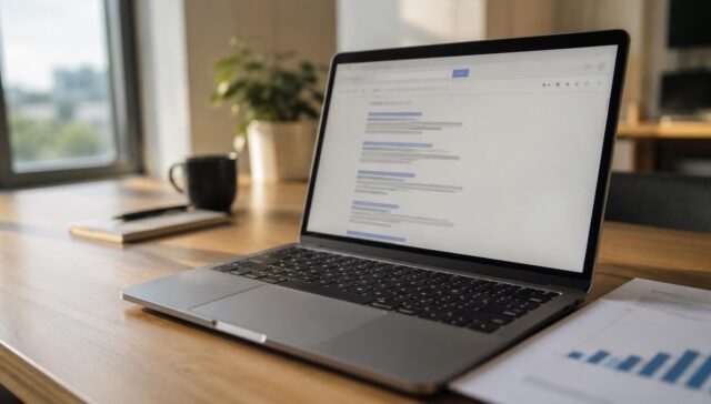 Ein Laptop steht auf einem Holztisch und zeigt eine Suchergebnisseite über KI im B2B-Vertrieb. In der Nähe stehen eine Tasse, ein Notebook, eine Pflanze und ein Dokument mit einem Balkendiagramm - ideal für Mittelständler, die nach Trends suchen. Das Sonnenlicht fällt durch das Fenster.
