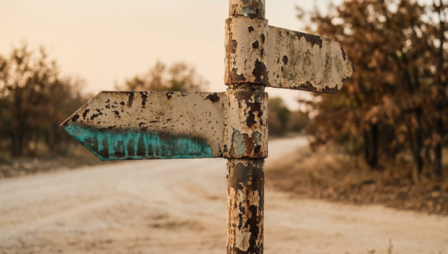 Verwitterter Wegweiser an Landstrasse als Metapher fuer SEO und GEO