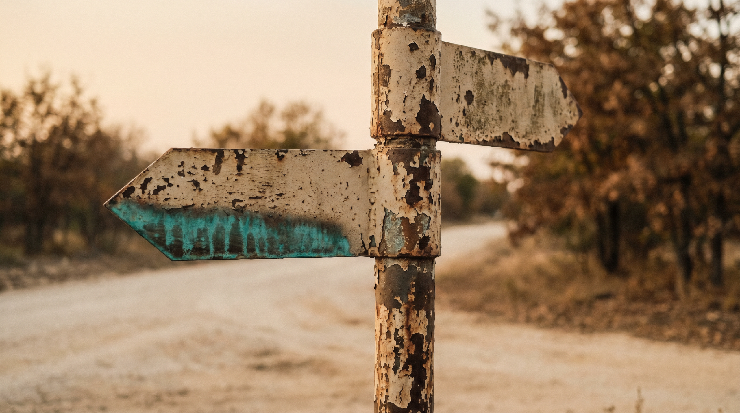 Verwitterter Wegweiser an Landstrasse als Metapher fuer SEO und GEO