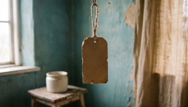 Brauner Papier-Anhänger mit Schnur vor teal-blauer Wand