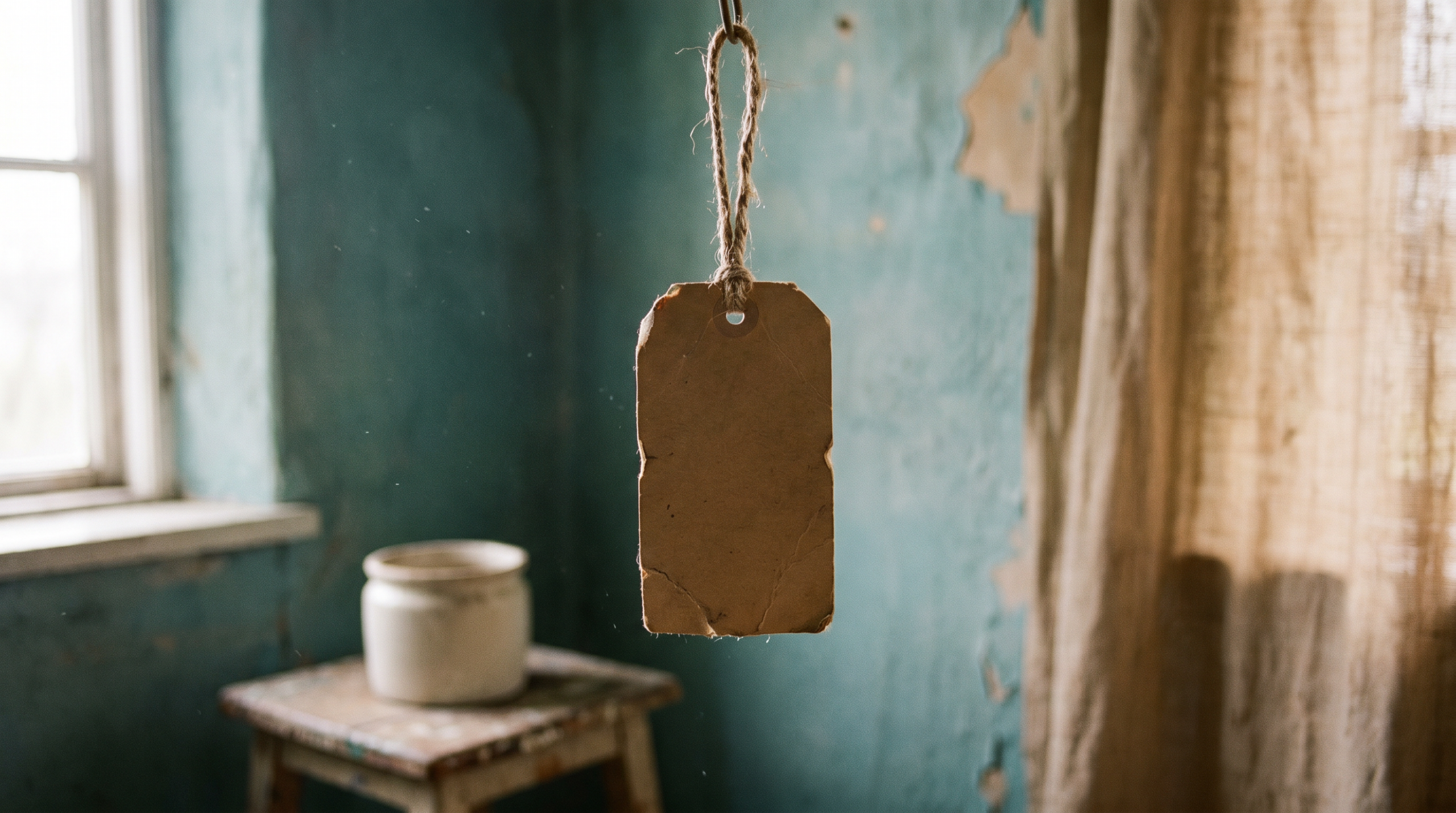 Brauner Papier-Anhänger mit Schnur vor teal-blauer Wand