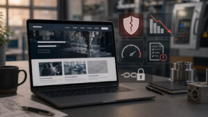 Ein Laptop mit industriellen Bildern steht auf einem Schreibtisch mit technischen Zeichnungen und Metallteilen. Schwebende digitale Icons weisen auf Sicherheits- und Leistungsprobleme hin und deuten auf die Herausforderungen hin, denen sich mittelständische Unternehmen bei der KI im B2B-Vertrieb gegenübersehen.