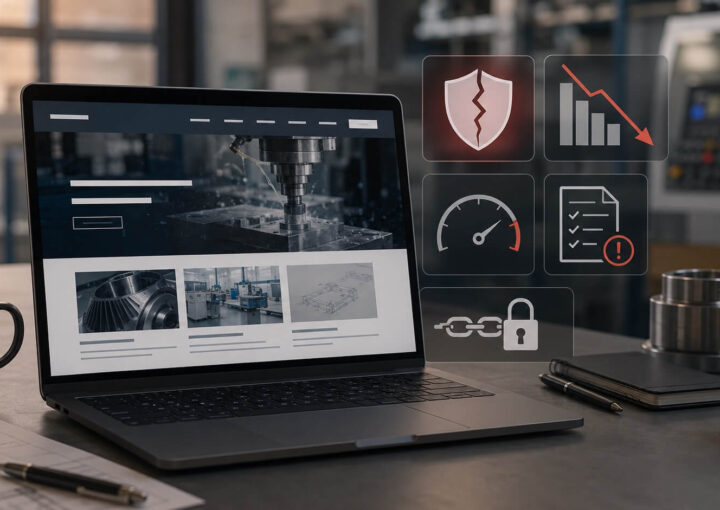 Ein Laptop mit industriellen Bildern steht auf einem Schreibtisch mit technischen Zeichnungen und Metallteilen. Schwebende digitale Icons weisen auf Sicherheits- und Leistungsprobleme hin und deuten auf die Herausforderungen hin, denen sich mittelständische Unternehmen bei der KI im B2B-Vertrieb gegenübersehen.