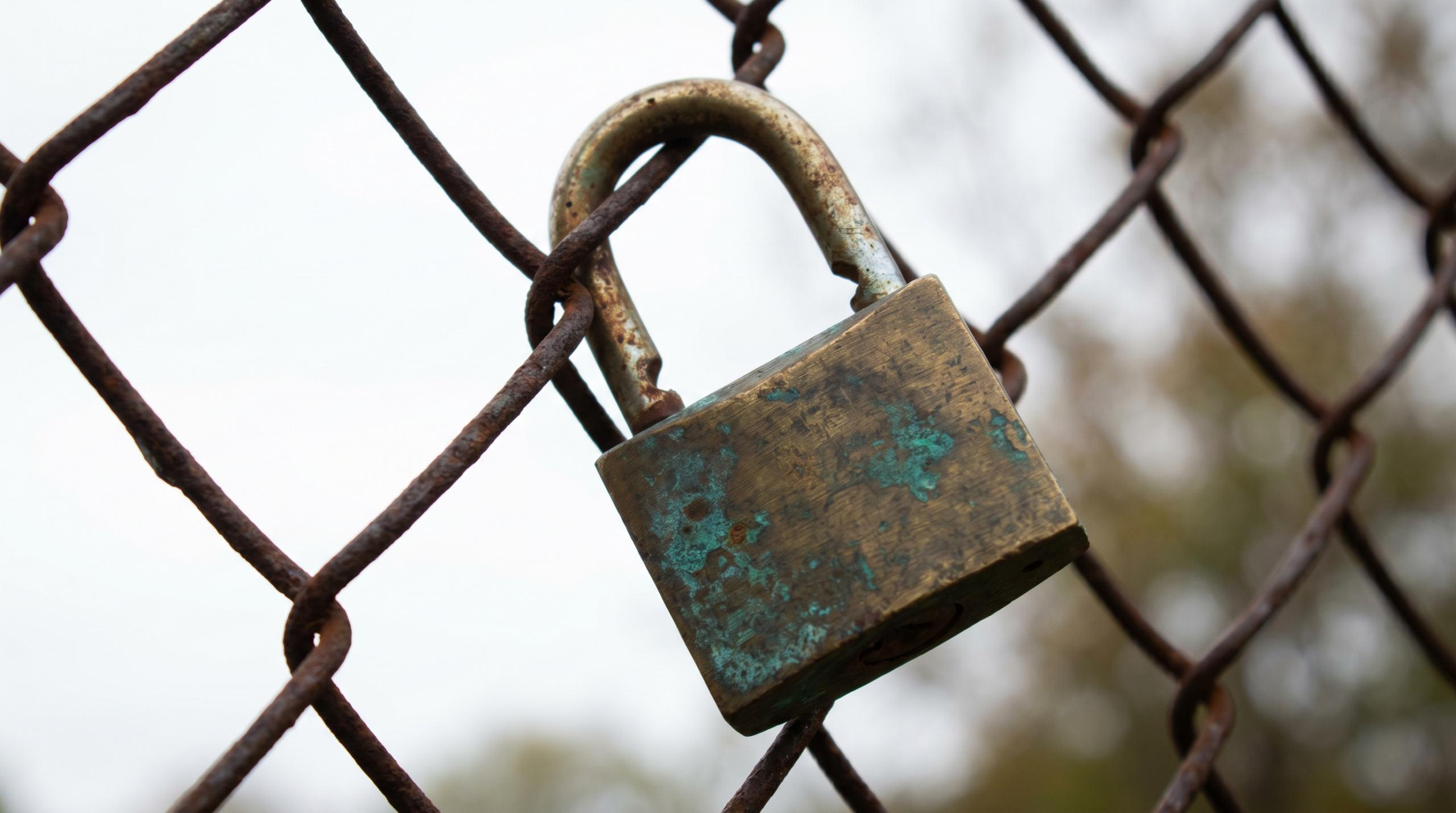 Verwittertes Vorhängeschloss mit Bronze-Patina an einem rostigen Maschendrahtzaun – Sinnbild für eine ausgenutzte WordPress-Sicherheitslücke